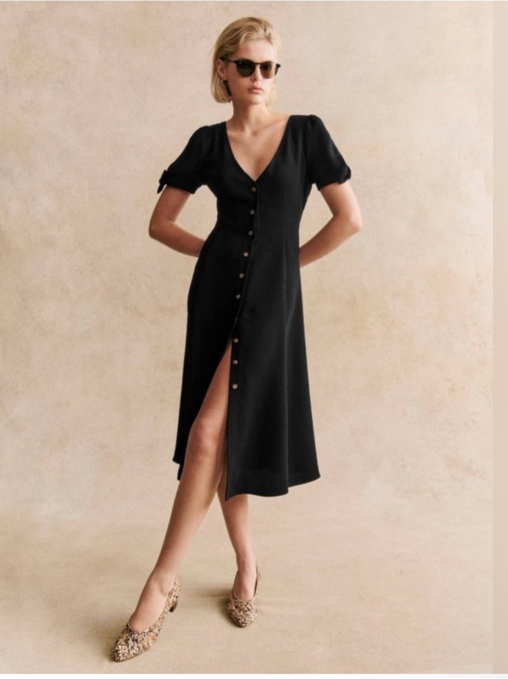 Sezane Black Button-Front Midi Dress with Tie Sleeves - Picture 3 of 6